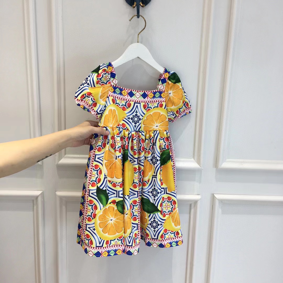 

new Fashion children clothing dress children's summer Skirt Girls Purple printing little casual dresses short sleeve skirt, Yellow