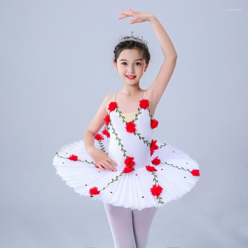 

Stage Wear Red Flowers Professional Ballet Tutu Child Kids White Swan Lake Pancake Women Ballerina Dance Costume Dress Girls, Beige