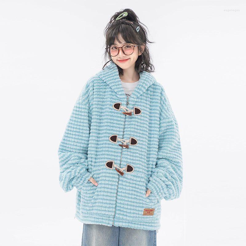 

Women' Jackets Winter Coat For Women Lamb Cashmere Hooded Thick Warm Striped Cotton Jacket Korean Fashion Horn Button, Sky blue