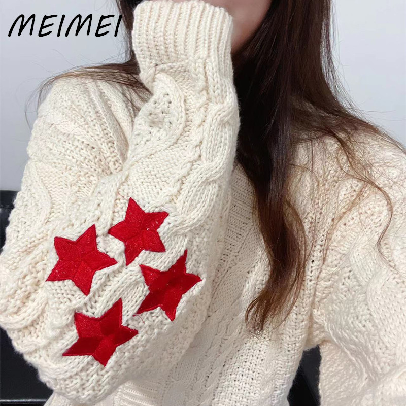 

Women s Knits Tee Autumn Fashion V Neck Long Sleeve Star Embroidery Knitted Cardigan Ladies Casual Loose Single Breasted Vintage Sweater 230217, Beige with star