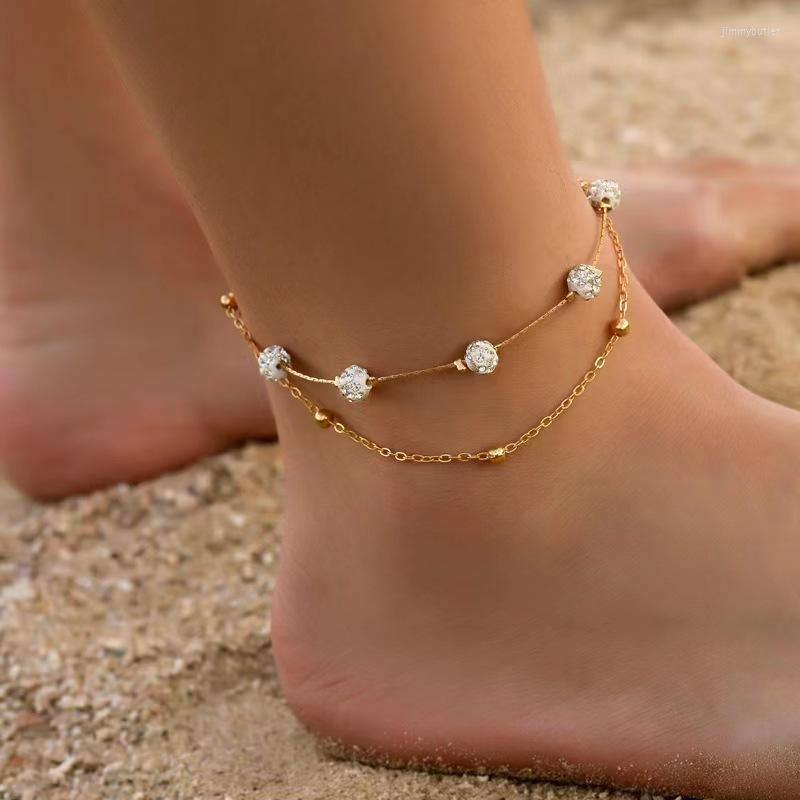 

Anklets Double Layer Beach Gold Anklet For Women Shambhala Diamond Ball Bead Girls Elegant Fashion Daily Ankle Jewelry