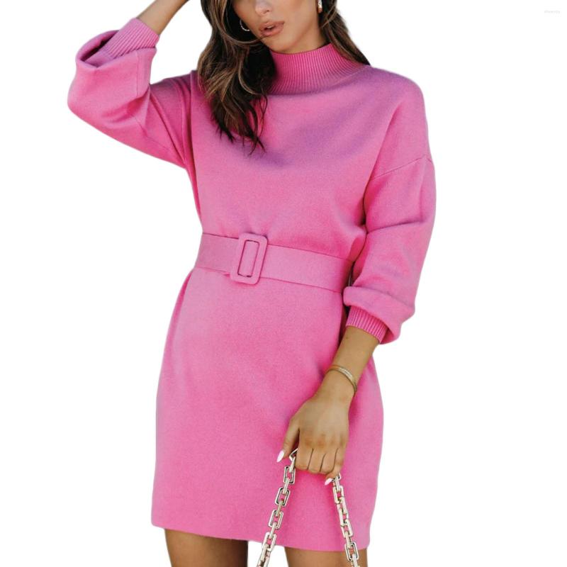 

Casual Dresses Women Elegant Sweater Dress Solid Color Turtleneck Long Sleeve Knit Pullover Bodycon Mini With Belt, Beige