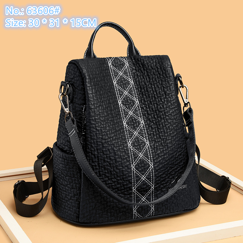 

Factory wholesale ladies shoulder bags 2 styles simple and versatile black handbag large-capacity embossed lychee leather backpack sewing fashion bag, Black2-63606#