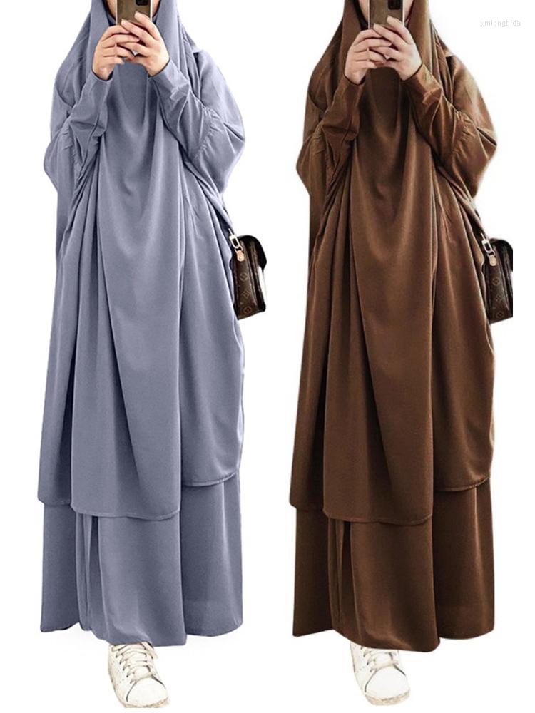 

Ethnic Clothing Eid Muslim Women Long Khimar 2 Piece Set Prayer Garment Djellaba Jilbab Abaya Ramadan Gown Dubai Arab Islamic Niqab Burka