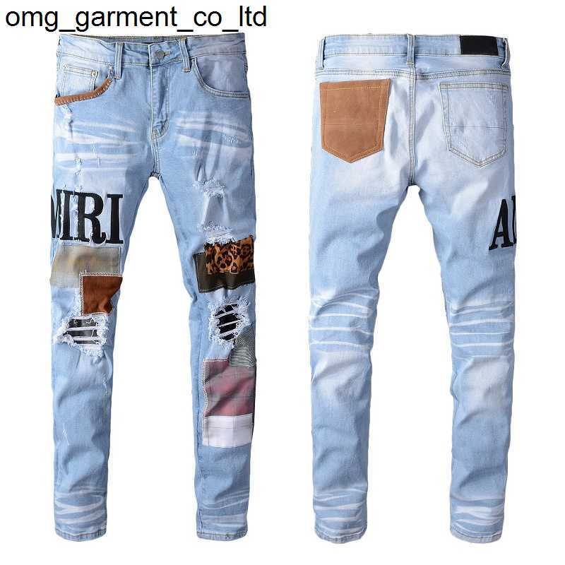 

new designer fashion brand light blue embroidered leopard patch elastic slim fit small foot hole amirly gradient jeans pants
