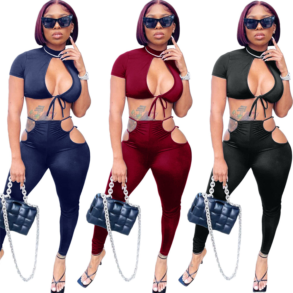

2023 Designer Summer Outfits Women Tracksuits Two Piece Sets Sexy Bandage Tank Crop Top and Pants Hollow out Clothes Casual Sportswear Wholesale items 9303, Mix color