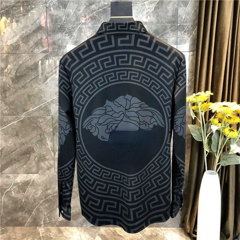 

Fashion Medusa men casual shirt designer shirts inlaid with diamond print long-sleeved coat lapel thin jacket mens silk Shirt 4XL 5XL, Black