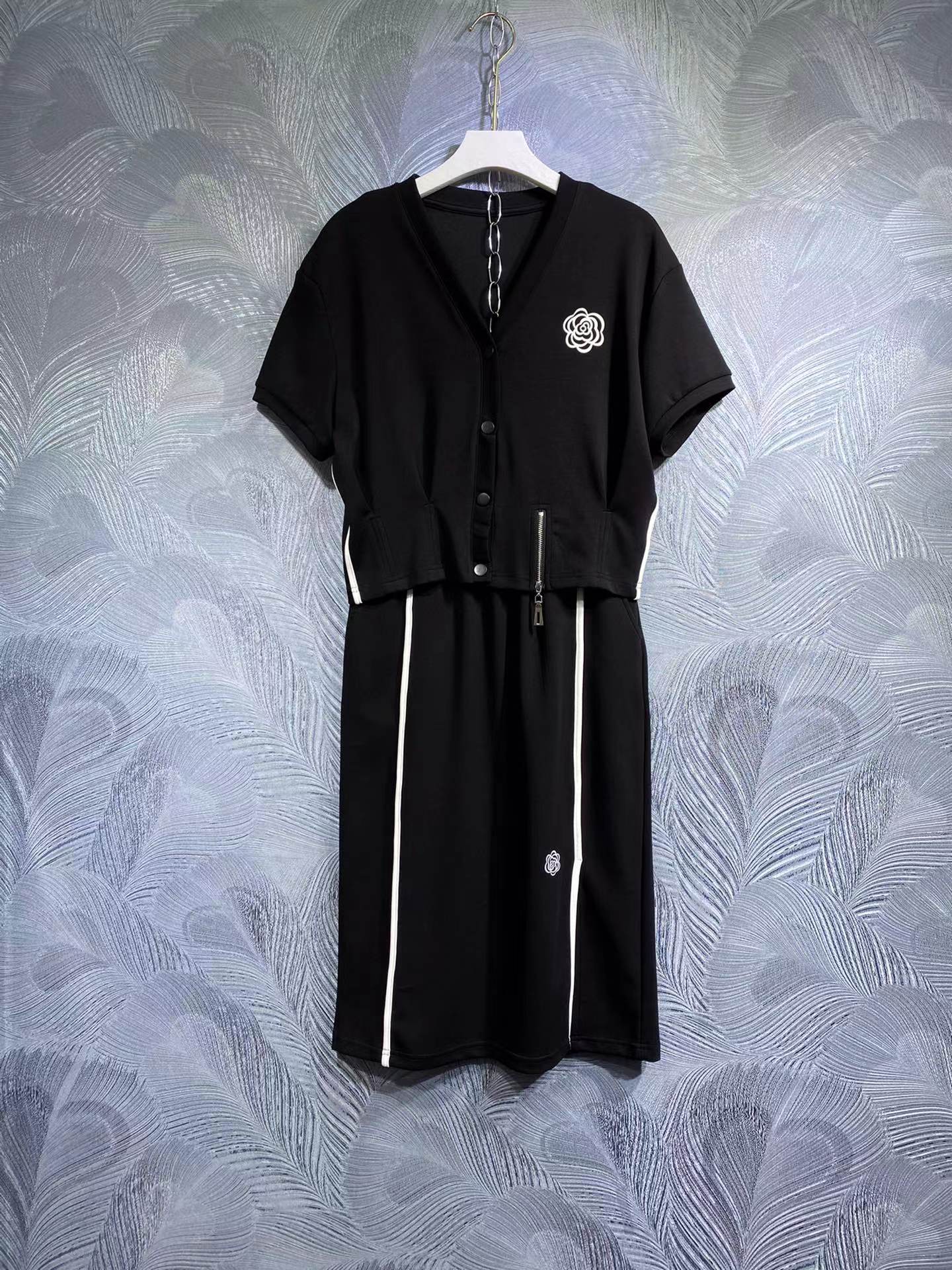 

2023 High-quality runway style two piece dress V neck top and elastic-waist skirt, 112571