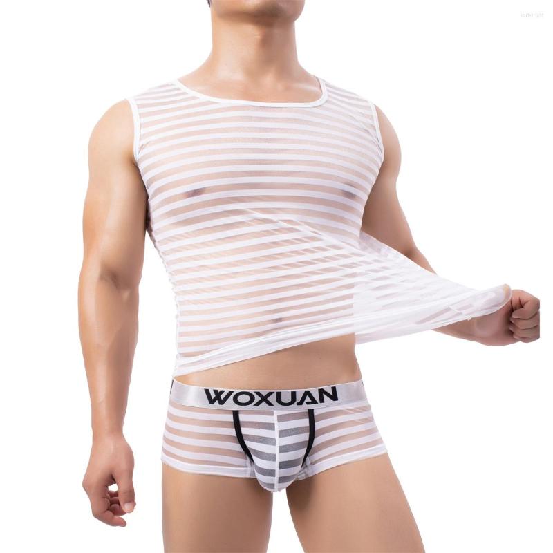 

Men's Tank Tops Chiffon Mesh Mens Transparent Men Sexy Fitness Bodybuilding Stripes Gay Sleeveless Singlets/Sheer Vests, White boxer