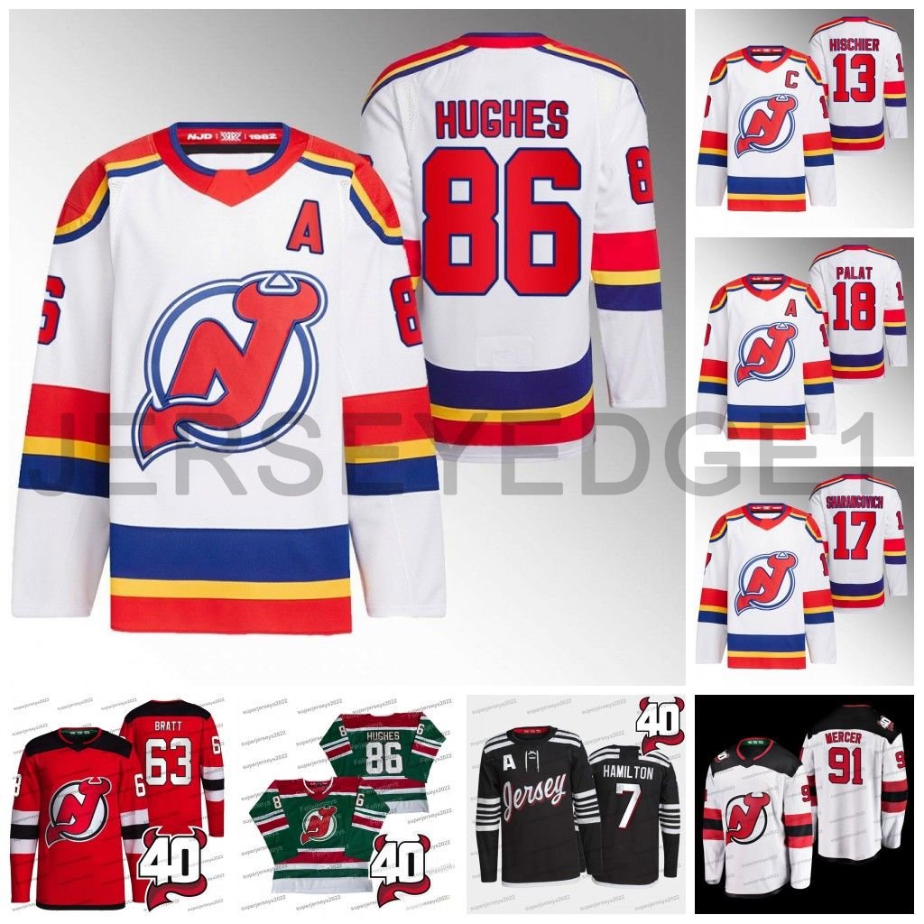 

86 Jack Hughes Nico Hischier Devils 2023 Jersey Jesper Bratt Vitek Vanecek Ondrej Palat Dougie Hamilton Tomas Tatar Yegor Sharangovich Dawson Mercer Miles Wood, Away jersey men s-3xl