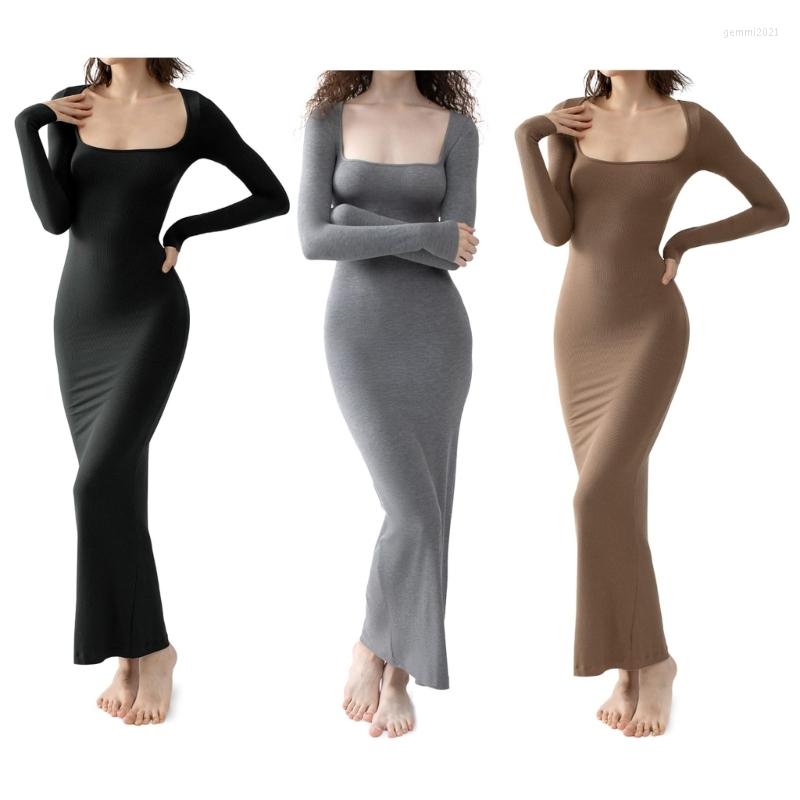 

Casual Dresses Women Long Sleeves Dress Sexy Square Neck Soft Lounge Ribbed Bodycon, Brown