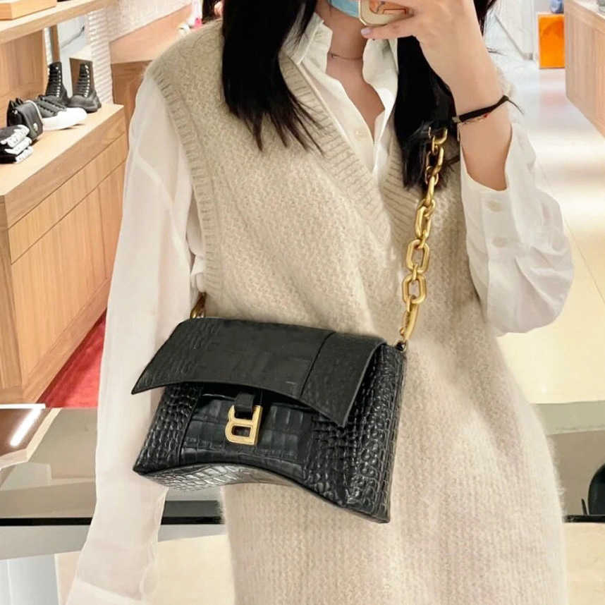 

Women Bags Trend Handbags 55%off Chain Hourglass Buckle One Shoulder Bag Women's Female Totes Shoulder Handbags for Women, Black gold buckle