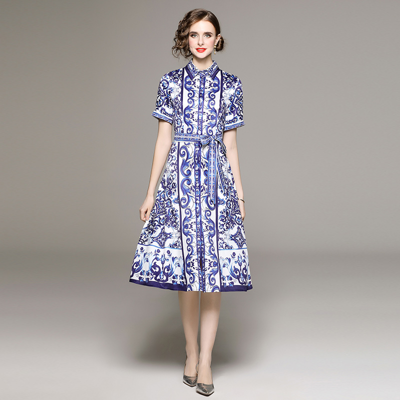 2023 Vintage Floral Midi Chemise Robes À Manches Courtes Designer Femmes Élégantes Ruban Bow Flowy Casual Robe De Bureau Boutonné Dames Resort Vê