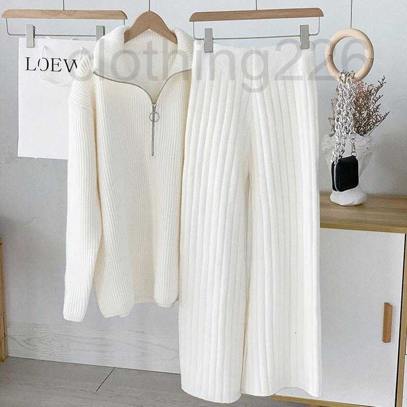 

designer Women's Two Piece Pants Knitted Wide-leg And Sweaters Tracksuit Autumn Winter Casual Solid White Long Sleeve Jumpers Female 2 Pieces Set X553, White sweater