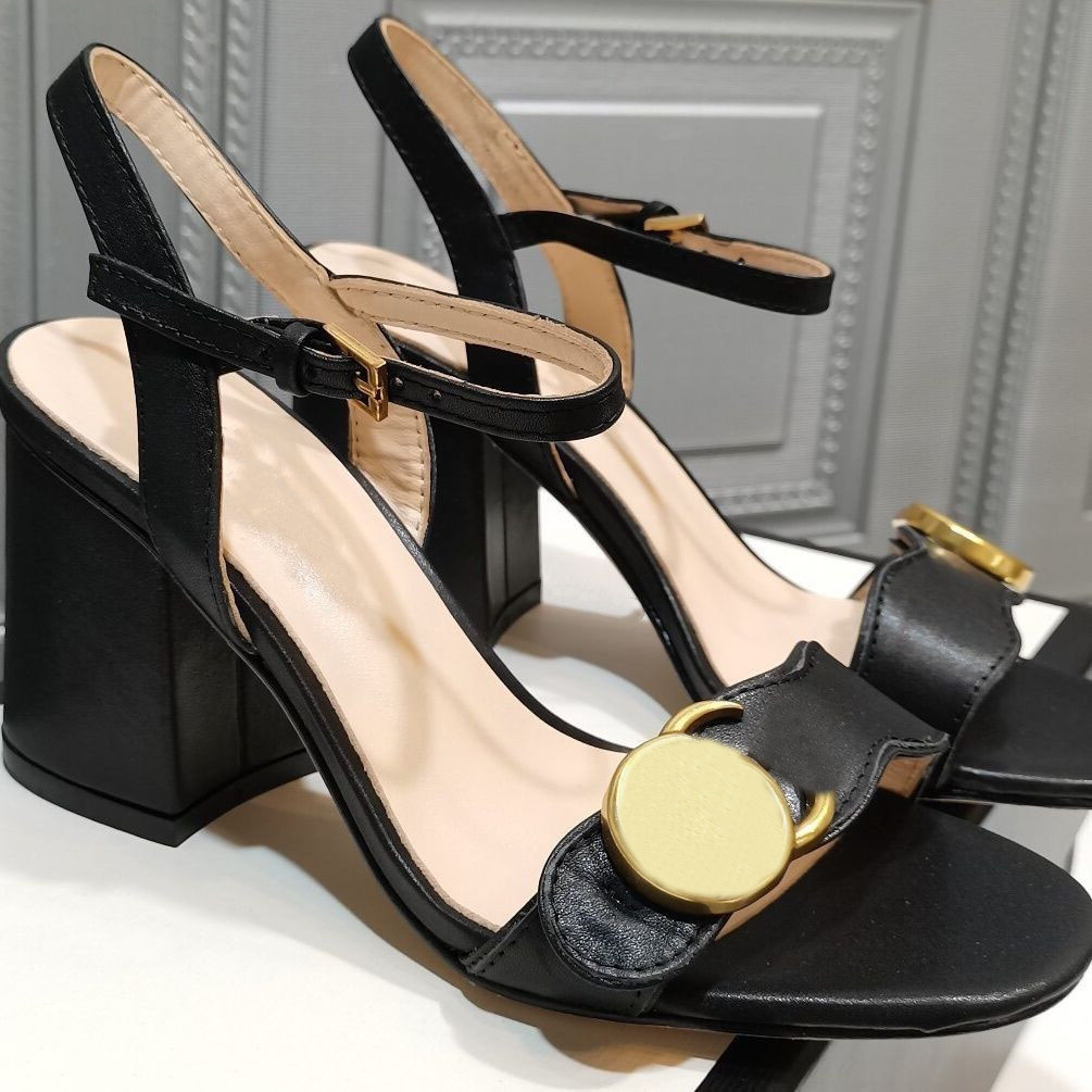 

Designer brand sandals Thick heel Metal Double-G-letter peep toe nude black gold genuine leather high heels shoes 35-41