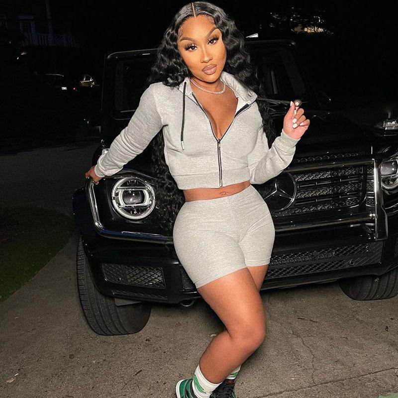 

Women's Tracksuits Sporty Casual Tracksuit Women Two Piece Set Matching Sets Long Sleeve Zipper Hoodies Crop Top And Biker Short Jogging Fem, Sky blue