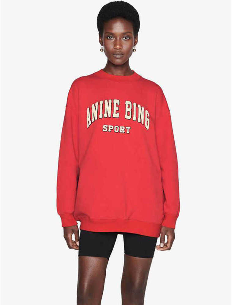 

Anine Bing Women's Sweatshirt Letter Embroidered Loose Cotton Fleece Sweater Fashion Hoodies Pullover 23ss, Red
