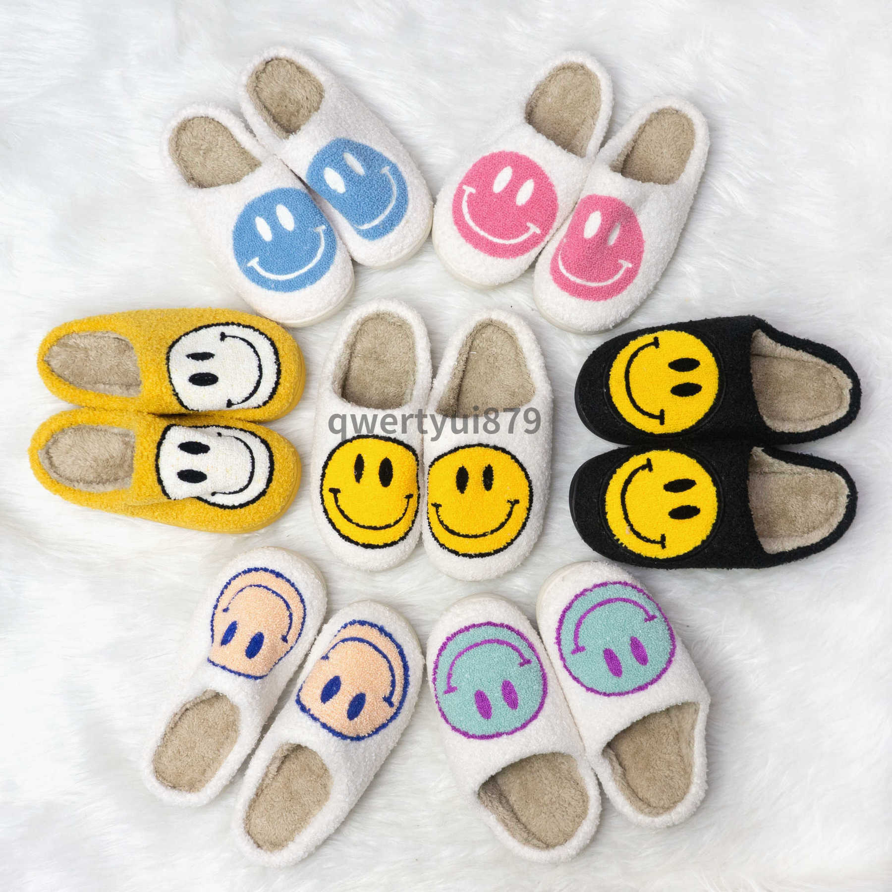 

qwertyui879 2023 New Slippers Best Selling Smiley Face Ladies Warm Furry Home House Cute Bedroom Pantoufle Women Men Slippers 012823H, Green face