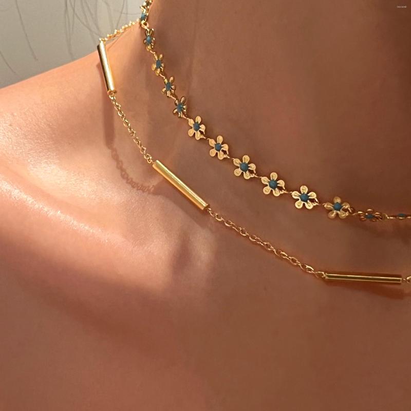 

Choker Vintage Blue Daisy Flower Clavicle Chain Necklace For Women Chic T-Bar Pendant Jewelry Korean Girls Gift Neck Accessories
