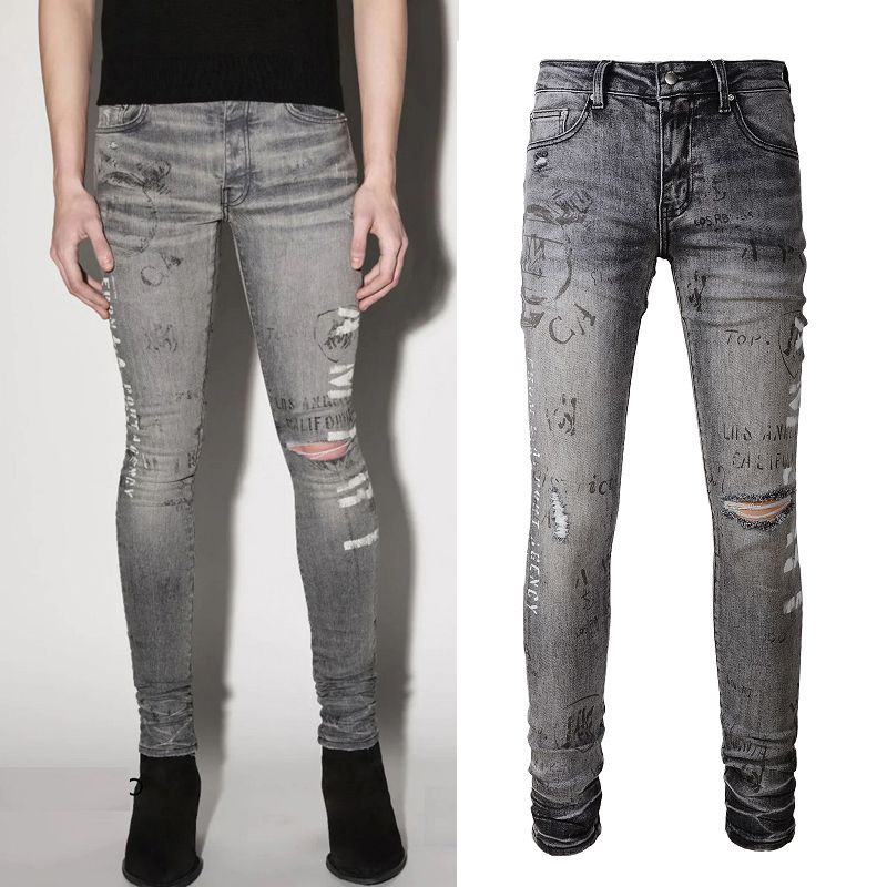 

Men's Printed Gray Stretch Denim Jeans Slim Fit Zip Close Details, Amr-879