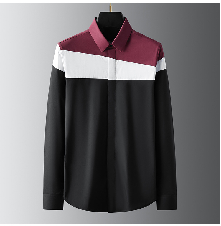 

Simple Cotton Men Shirt Luxury Hit The Color Splicing Long Sleeve Male Shirts Fashion Slim Fit Comfortable Dress Shirt Plus Size, Black