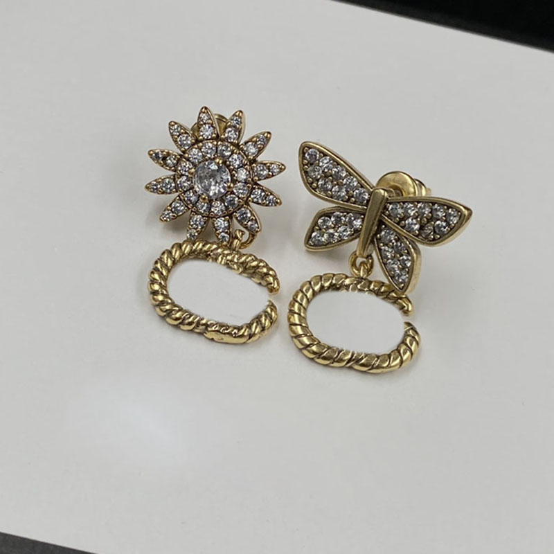

Flower Butterfly Charm Classic Double Letters Ear Stud Full Diamond Women Earrings for Birthday Gift