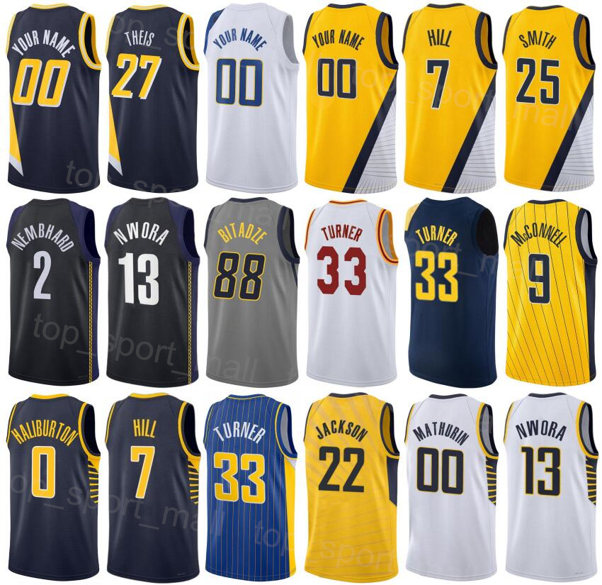 

Man Kids Printed Basketball Myles Turner Jersey 33 Buddy Hield 24 Tyrese Haliburton 0 Jalen Smith 25 George Hill 7 Serge Ibaka 99 Nwora 13 Chris Duarte Black White Navy, Blue
