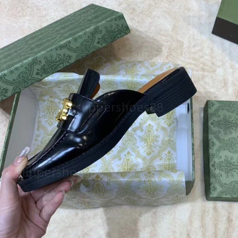 

womens black loafer mules Moccasin Shoes Women designer loafers interlocking Gold chain slipper mule sandal slides slip on leather chunky Loafers Shoe