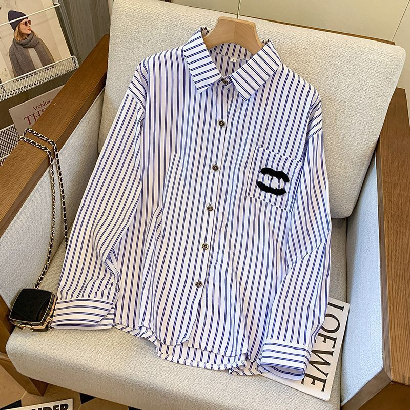 

famous extravagant brand embroidery Womens two C 23 Fashion Designer Striped Shirts Slim Business Office Ladies Button Shirt Spring Summer Long Sleeve Tops EJRE, C h a n e l