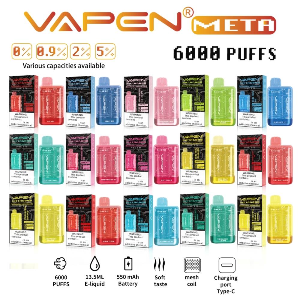 

VAPEN META 6000puffs 0% 2% 5% Mesh Coil E Cigarettes Kits Disposable Vape Pen 13.5ml E-Liquid 550mAh Battery e Cigarette Pre-Filled ELF TE 5000 Vaporizer Bar Kits, Mix colors