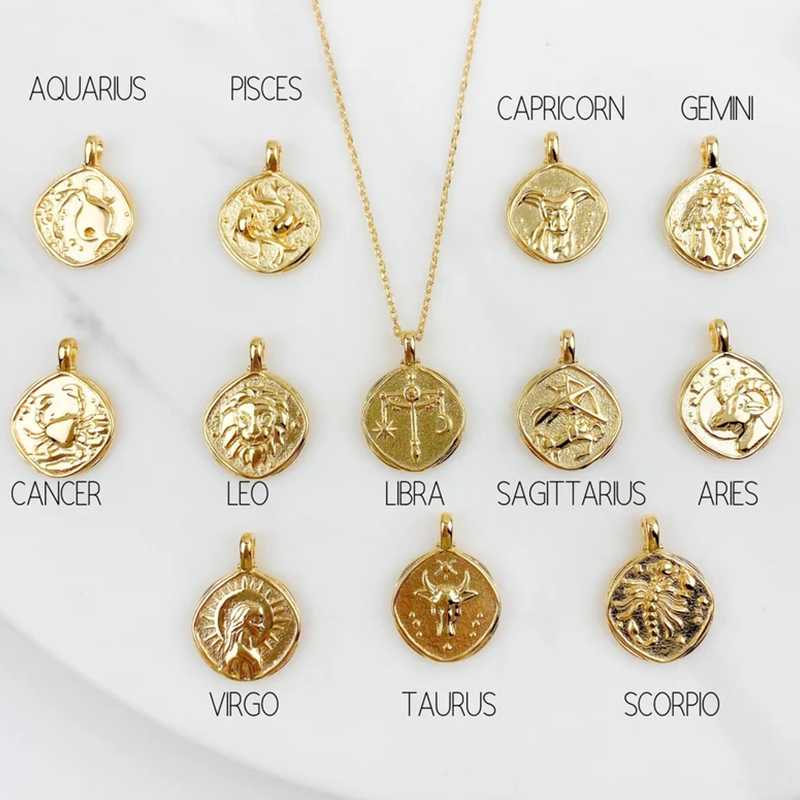 

Pendant Necklaces Gold Zodiac Necklace For Women Stainless Steel Aquarius Scorpio Leo Picses Capricorn Horoscope Medallion Astrology GiftPen