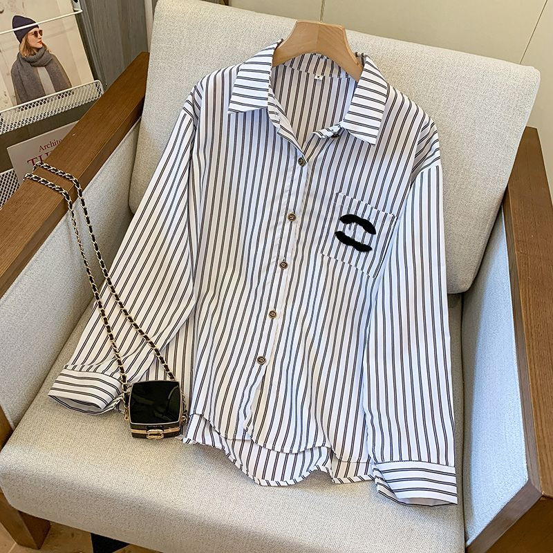 

famous extravagant brand embroidery Womens two C 23 Fashion Designer Striped Shirts Slim Business Office Ladies Button Shirt Spring Summer Long Sleeve Tops WLHC, C h a n e l
