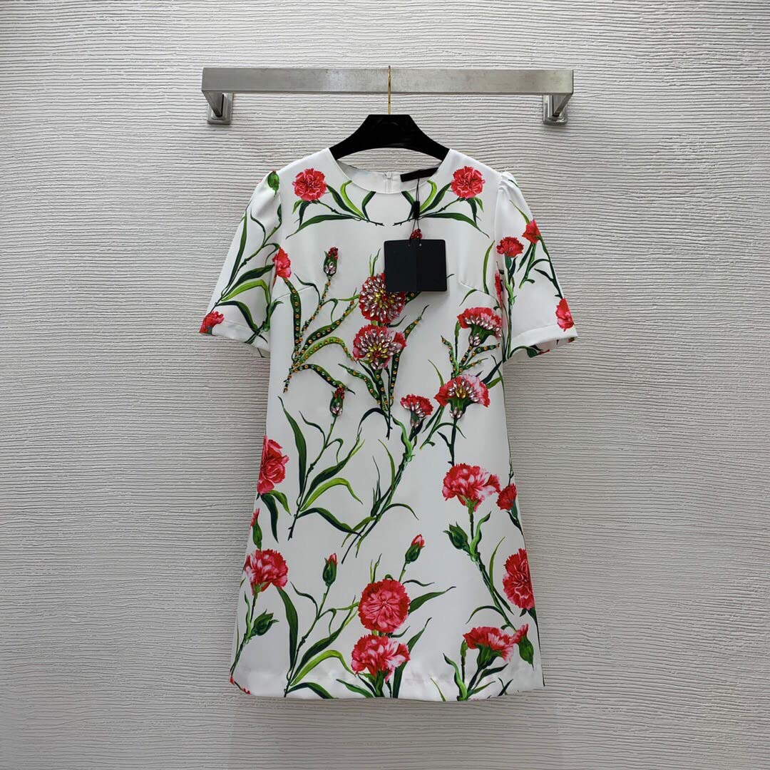

2023 Spring White Floral Print Beaded Dress Short Sleeve Round Neck Rhinestone Short Casual Dresses B3F171713