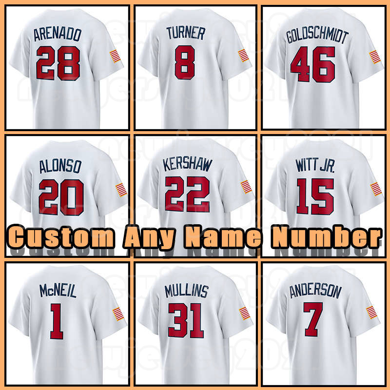 

Mike Trout Bobby Witt Jr. 2023 World USA Baseball Jersey Nolan Arenado Clayton Kershaw J.T. Realmuto Mookie Betts Kyle Tucker Schwarber Paul Goldschmidt Pete Alonso, Men custom