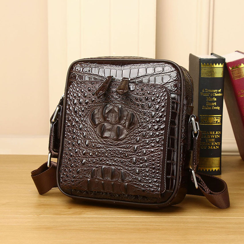 

Fashion Men Cross body bags 22x20cm small shoulder bags crocodile grain real leather business casual model, Black