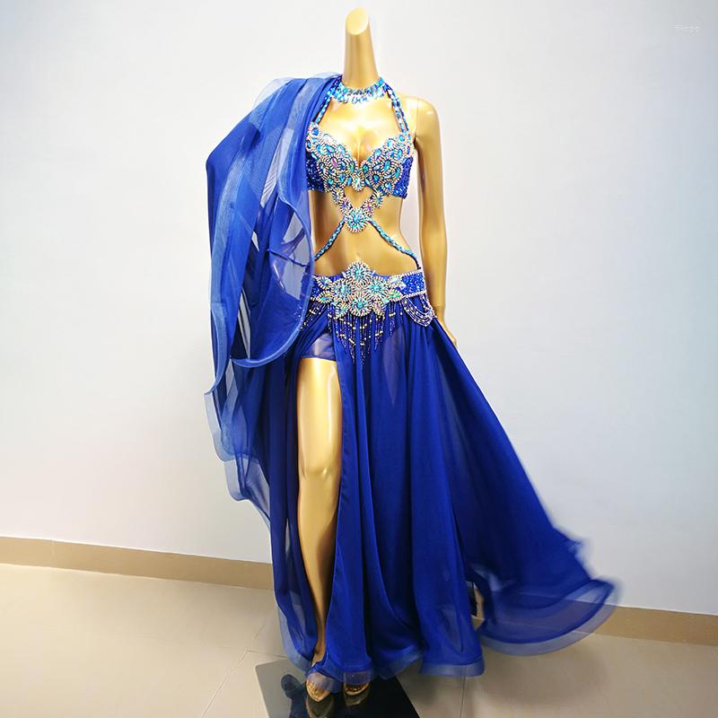 

Stage Wear Professional Belly Dance Costume Set For Women Performance Outfits Bollywood Showgirl Dancer Cloths, Royal blue