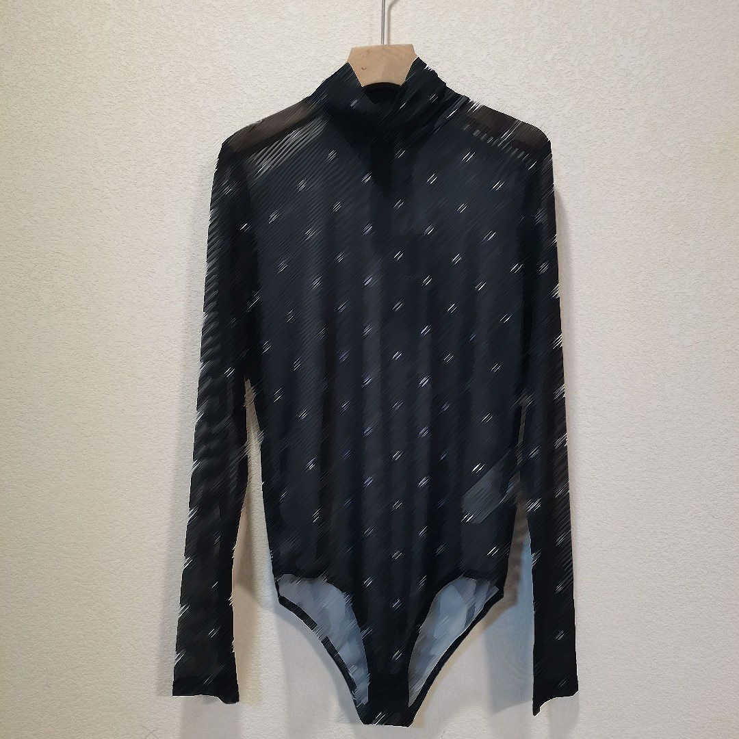 

23ss brand Designer Women long-sleeved bodysuit Mesh perspective base shirt womens clothing, Black