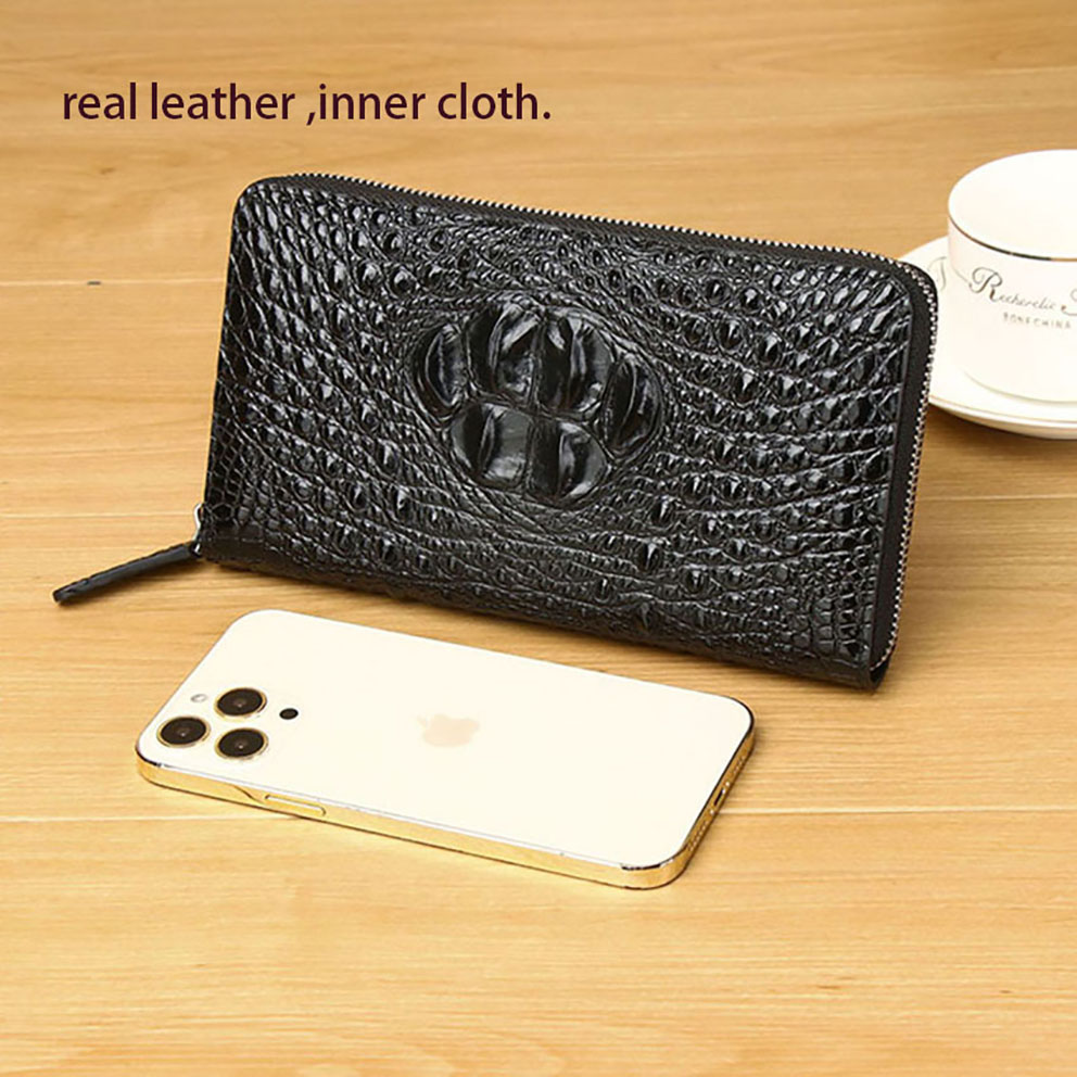 

Long wallets single zipper crocodie grain real leather multi cards slots Men perfect purses, Black