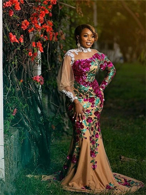 

Long Sleeve Aso Ebi Mermaid Evening Dresses African Sequin Flowers gillter african prom occasion gown High Neck robe de soree, Fuchsia