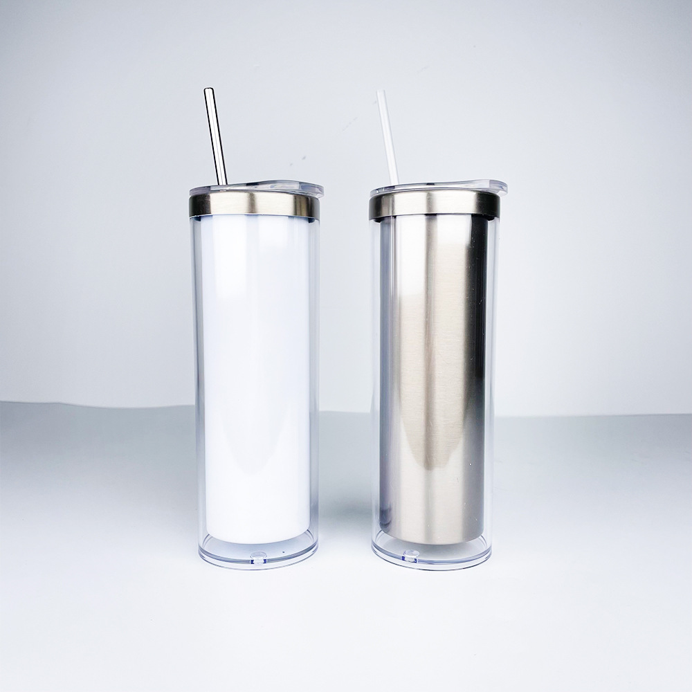 

20oz pre-drilled glitter snowglobe sublimation tumblers stainless steel inner acrylic outter skinny cup with lid straw straight storyboard cups blanks DIY tumbler, White
