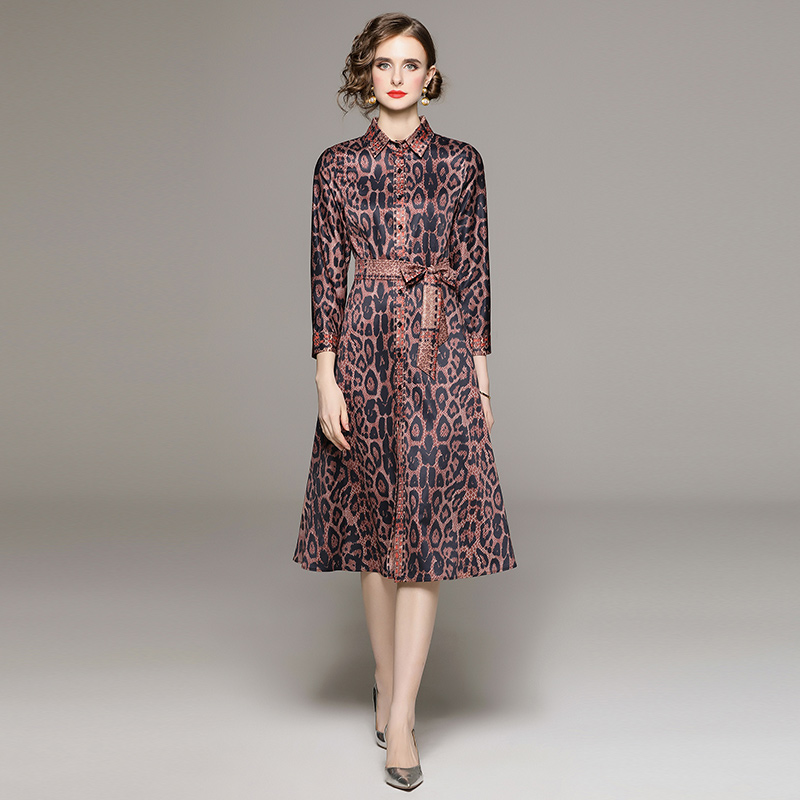 

2023 Women Designer Leopard Printed Dresses Long Sleeve Street Style Cafe Slim A-Line Lace Up Bow Dress Spring Autumn Ladies Classic Lapel Casual Shirt Party Frocks