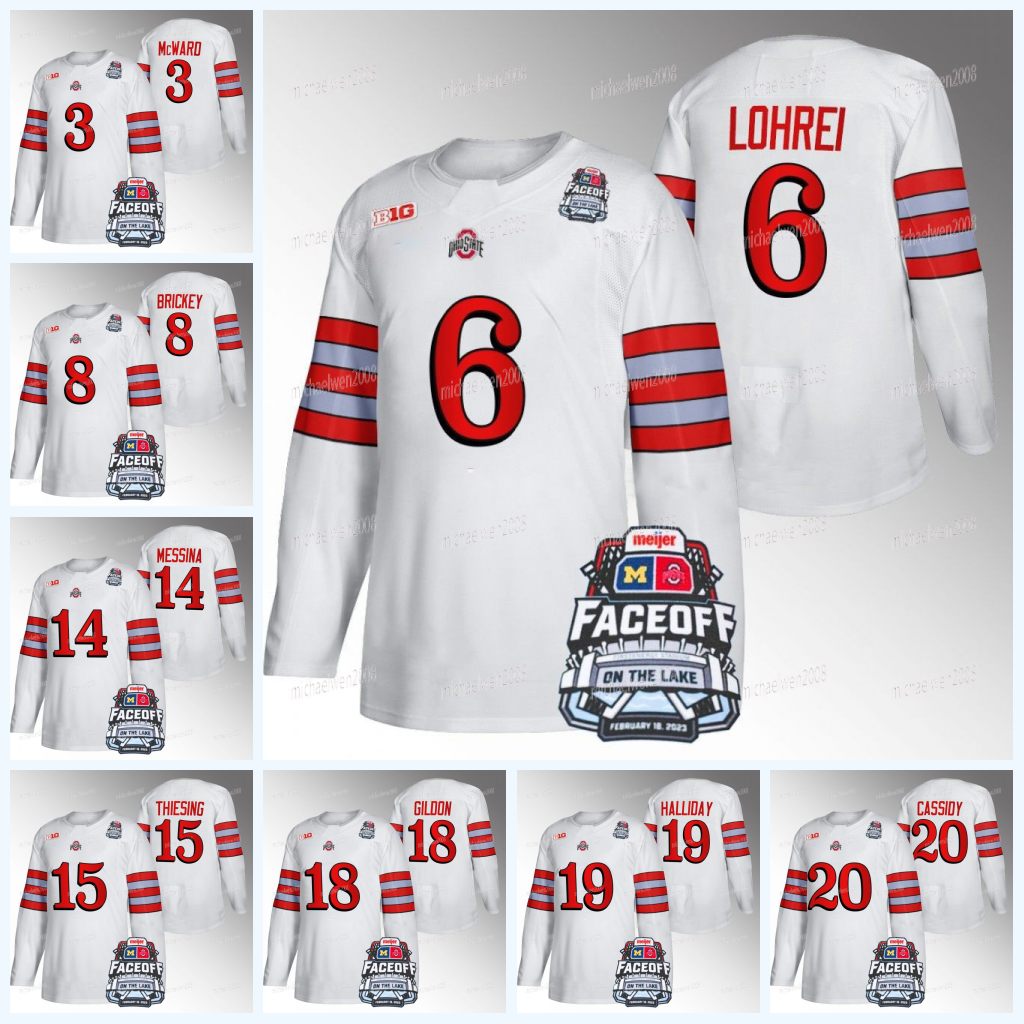 

2023 NCAA College Hockey Ohio State Buckeyes White Jersey Cole McWard Mason Lohrei Scooter Brickey Dalton Messina Cam Thiesing Michael Gildon Stephen Halliday, Women's s-xxl
