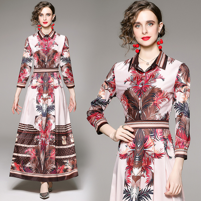 

2023 Elegant Button Front Printed Maxi Dress Long Sleeve Designer Women Casual Office Shirt Dresses Spring Runway Ladies A Line Resort Party Cocktail Clothes Fall