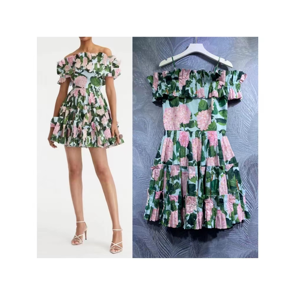 

2023 100% cotton printed slash neck cake dress, 112594