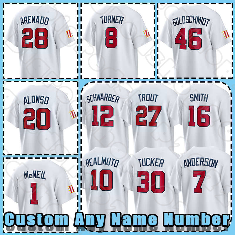 

2023 World Baseball Classic WBC Team USA Jersey Nolan Arenado Bobby Witt Jr. J.T. Realmuto Mookie Betts Kyle Tucker Paul Goldschmidt Pete Alonso Miles Mikolas Will Smith, Custom men
