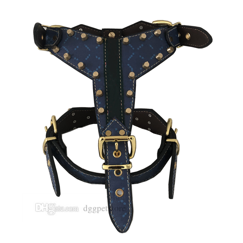 

Designer Dog Collars Leather Sharp Spiked Studded Medium Large Harnesses Durable Strong Pet Harness with Classic Letter Pattern for Pit Bull Mastiff Boxer Blue B149