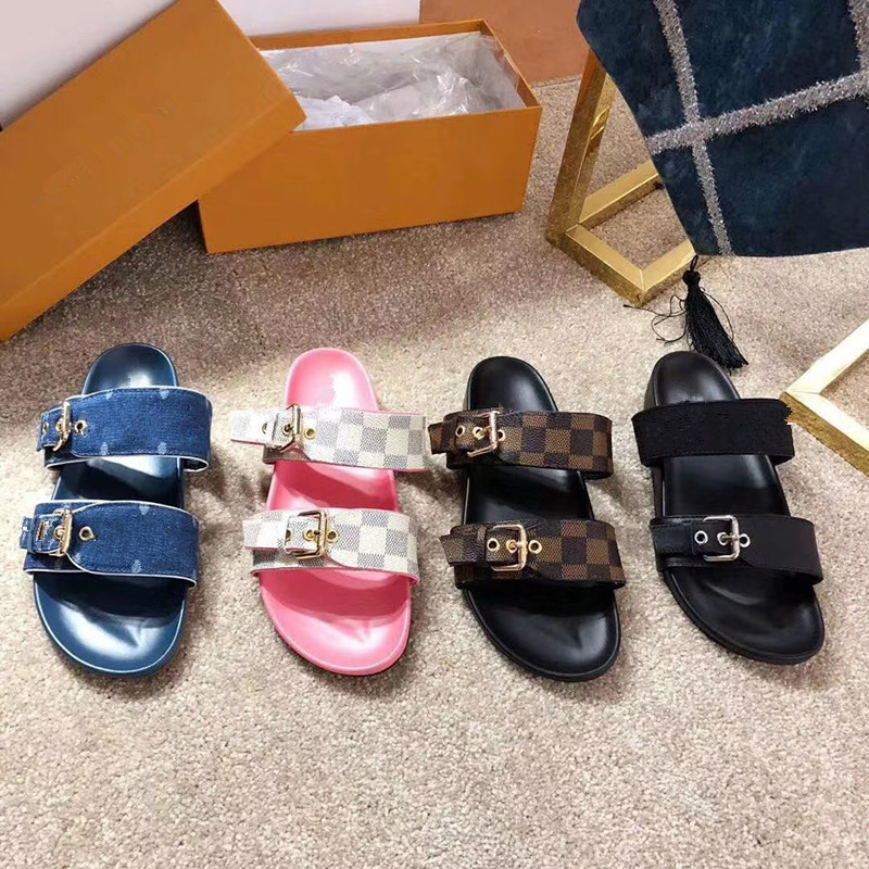 

BOM DIA COMFORT Flat mules luxury Designer men womens beach sandal outdoor monograms old flower loafers Sliders Sandals Golden Buckle Summer Flip Flops slipper, Lbom221-013