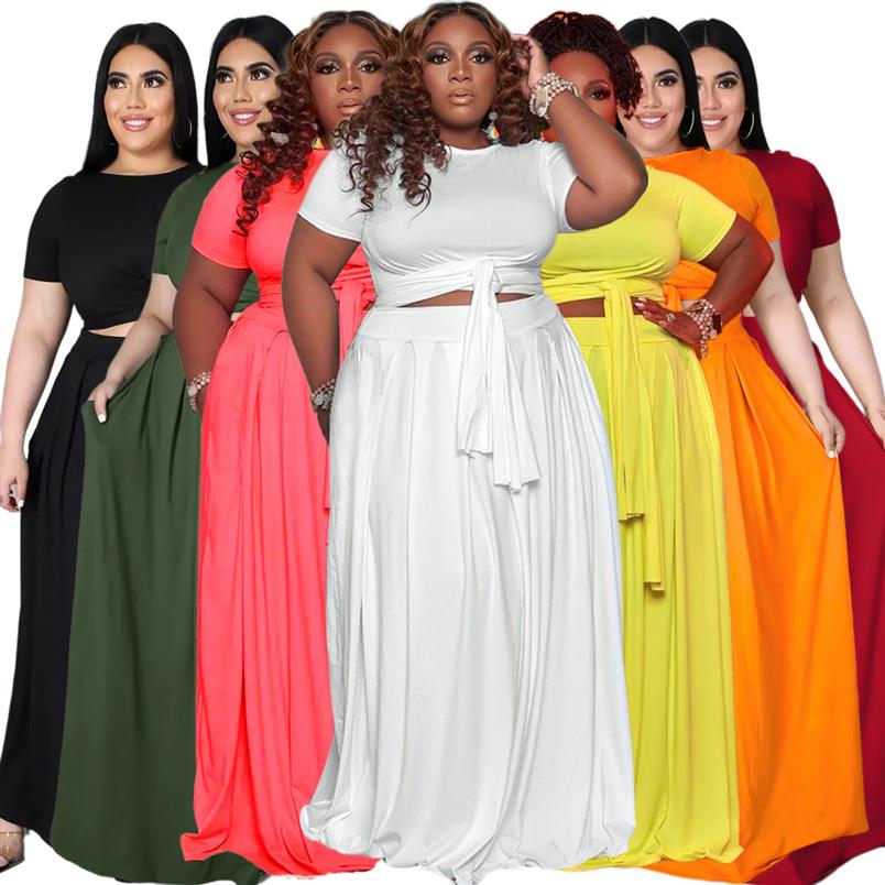 

Plus Size Women Clothing Dress Fashion Large Women's Solid Color Cross Bandage Swing Skirt Two Piece Suit266K, Orange