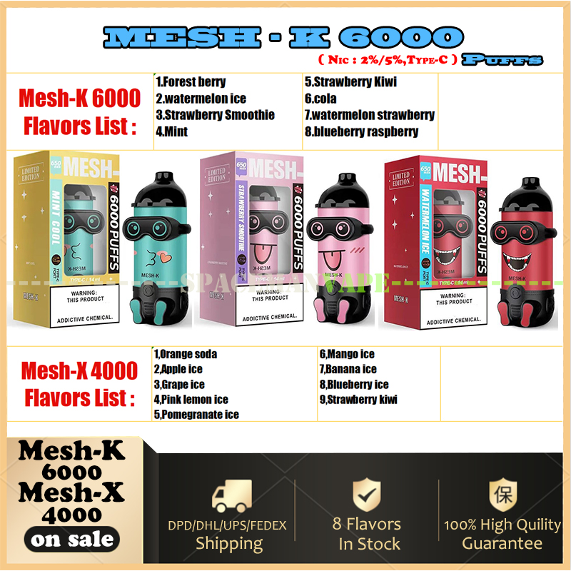 

MESH-K 6000 Puffs Rechargeable E Cigarette Mesh-X 4000 Puffs Disposable Vape Pen With 15ml Pre-filled Mesh Coil Battery 650mAh Minions Cartoon Design