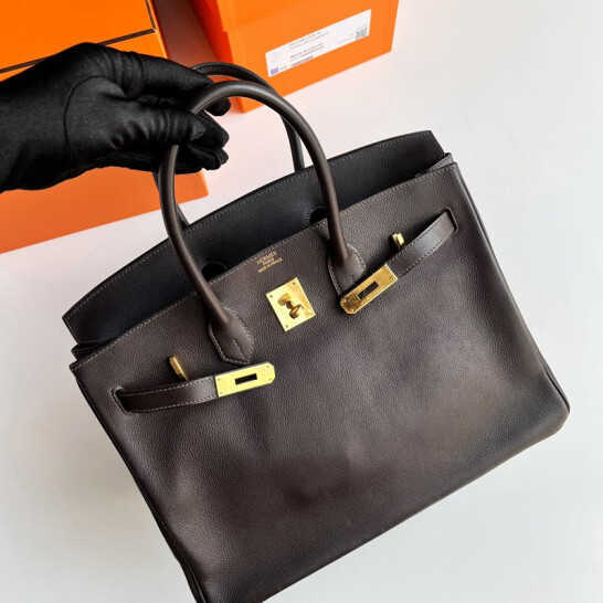 

Designer hems bikns 35 bag women's handbag dark brown gold buckle carving, Lobster powder gold buckle epsom skin